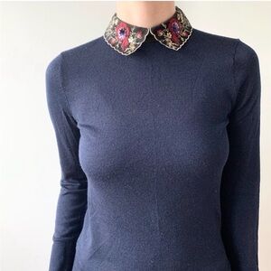 Club Monaco Navy Sweater with Embroidered Collar